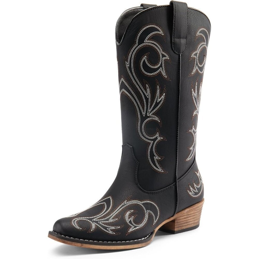 Dream Pairs Women's Black Mid Calf Cowgirl Boots Square Toe Chunky Heel Shoes